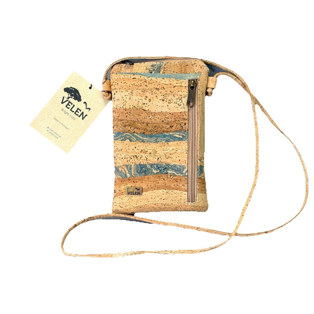 VELEN Cork Crossbody Bag Zip Closure Eco Friendly Blue Gold NWT